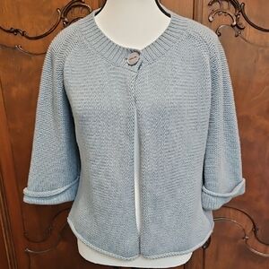 MaxMara Pure Cashmere Shawl 3/4 Sleeves Dusty Blue Rolled Hems Button Closure M